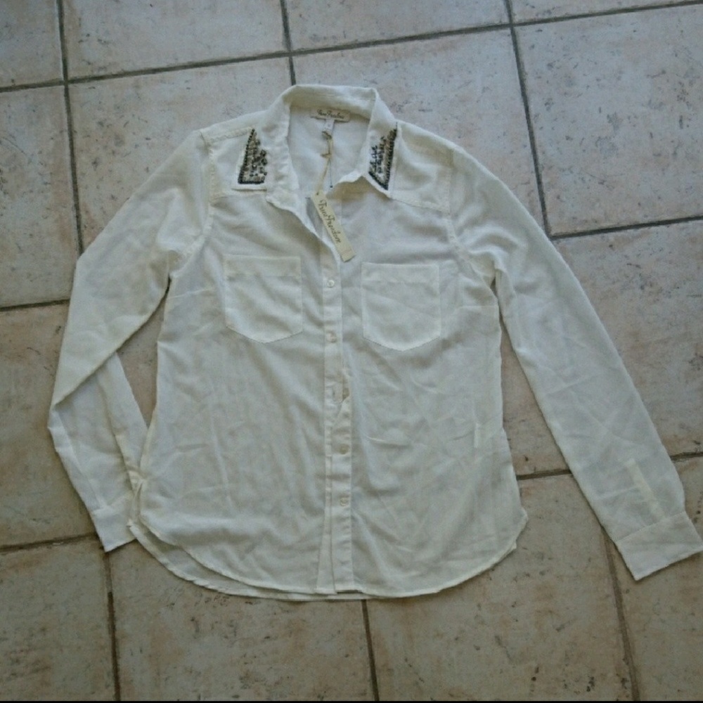 Sheer Western Blouse Shirt Sequined Collar